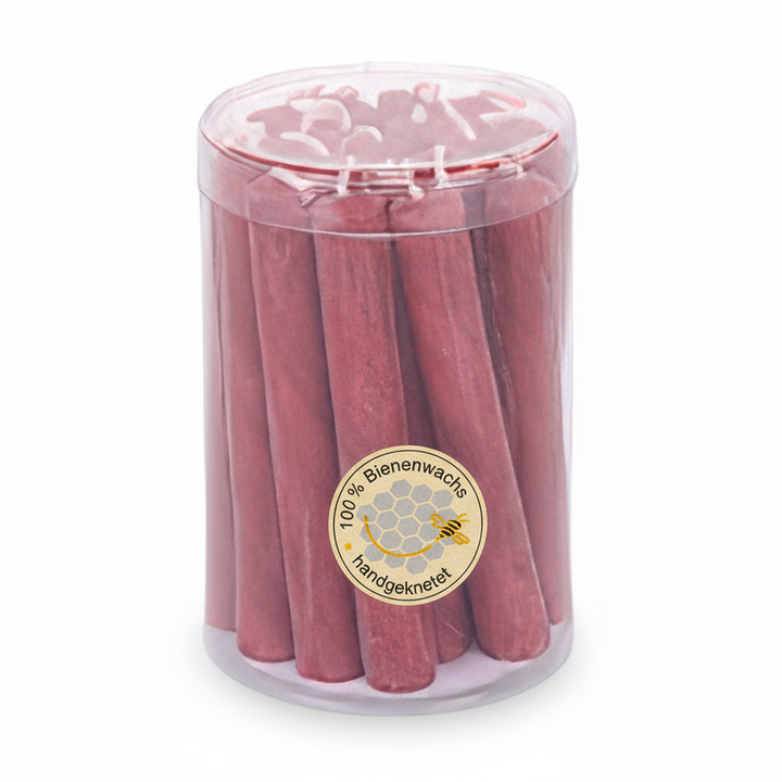 Rote Baumkerzen aus 100 % Bienenwachs – handgeknetet, natürliche Christbaumkerzen in transparenter Dose