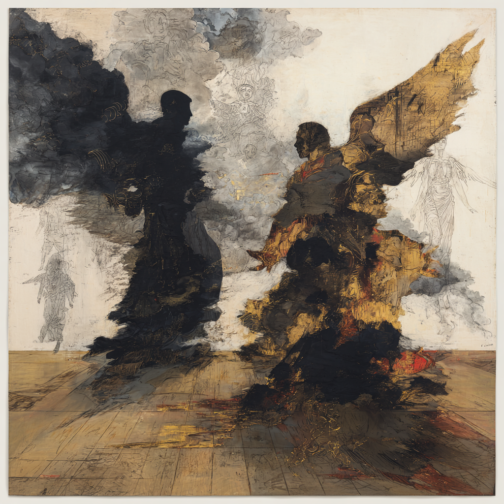 zwei schattenhafte figuren und engel aus rauch und gold auf hellem hintergrund
