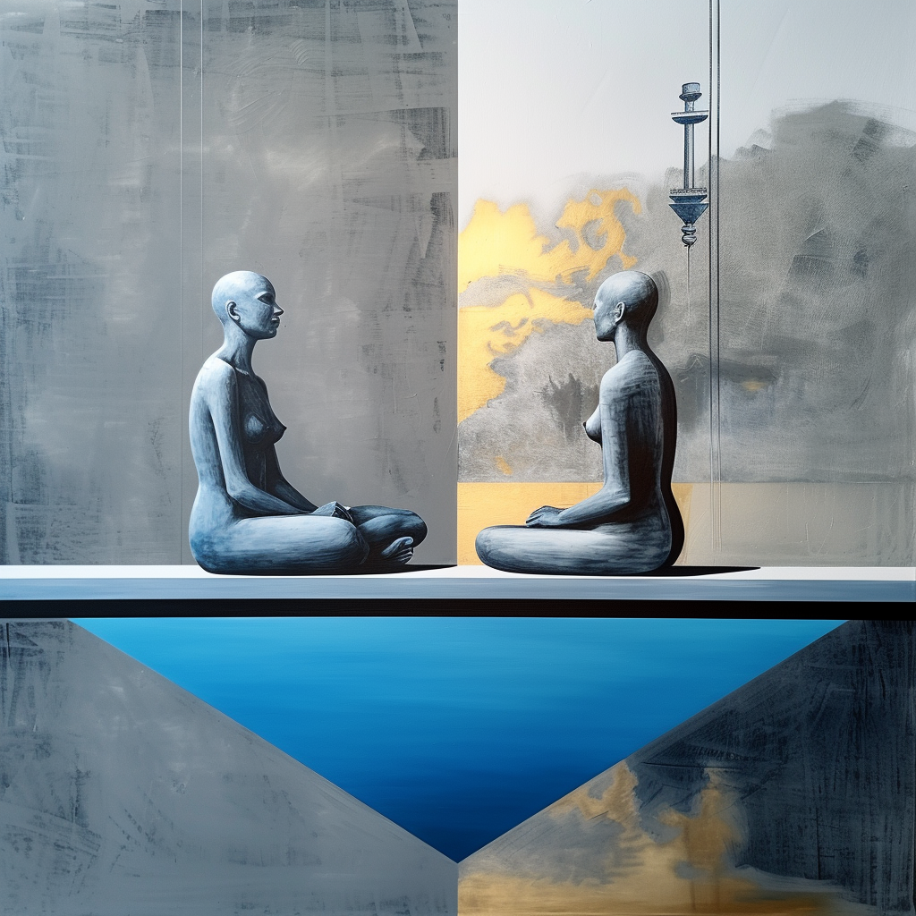 Zwei abstrakte, grau-blaue Figuren sitzen sich meditativ gegenüber, getrennt durch ein golden leuchtendes Hintergrundelement über einer geometrischen, blauen Fläche.
