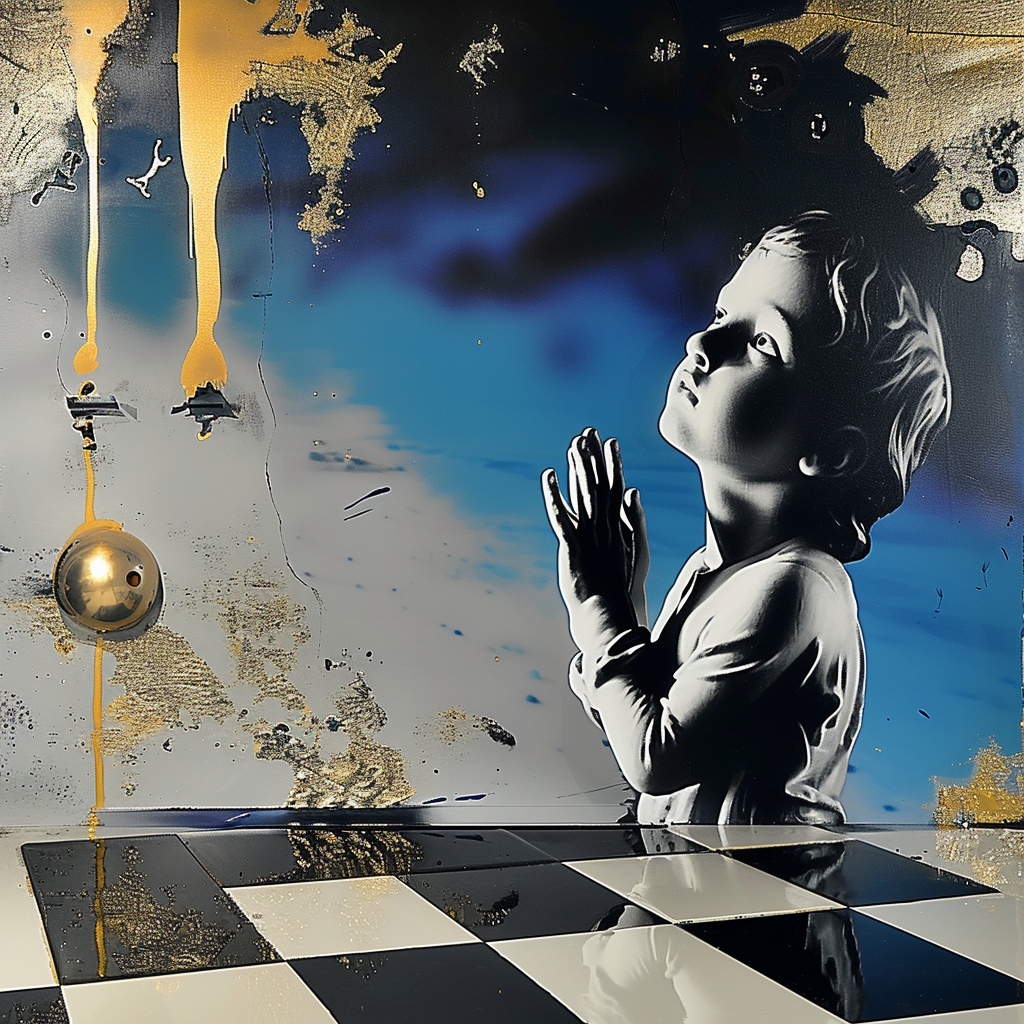 Porträt eines betenden Kindes vor blau-goldenem Hintergrund auf einem Schachbrettboden
