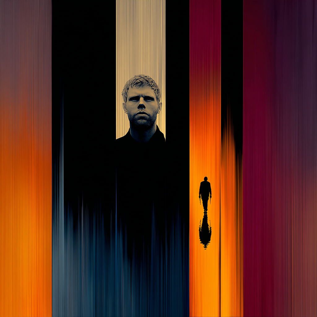 Abstraktes Porträt eines Mannes mit vertikalen Farbbahnen in Orange und Schwarz, Symbol für Licht und Schatten.
