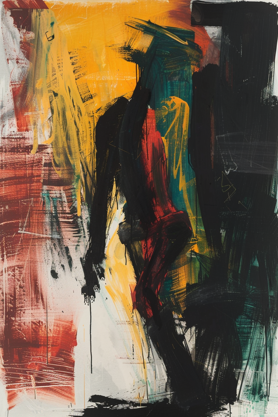 Abstraktes Gemälde mit dynamischen Pinselstrichen in Schwarz, Gelb, Rot und Grün – kraftvolle Darstellung von Bewegung und Energie.
