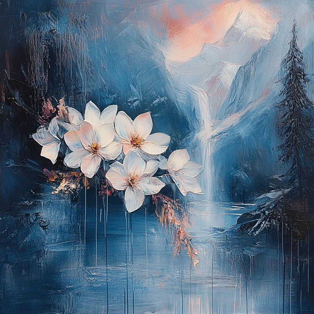 weiße blüten vor berglandschaft mit wasserfall im hintergrund
