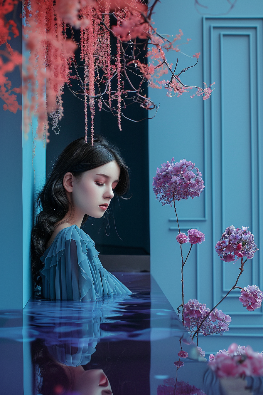 Ein poetisches Porträt einer jungen Frau in sanftem Licht, umgeben von rosafarbenen Blüten in einer ruhigen, blauen Umgebung.
