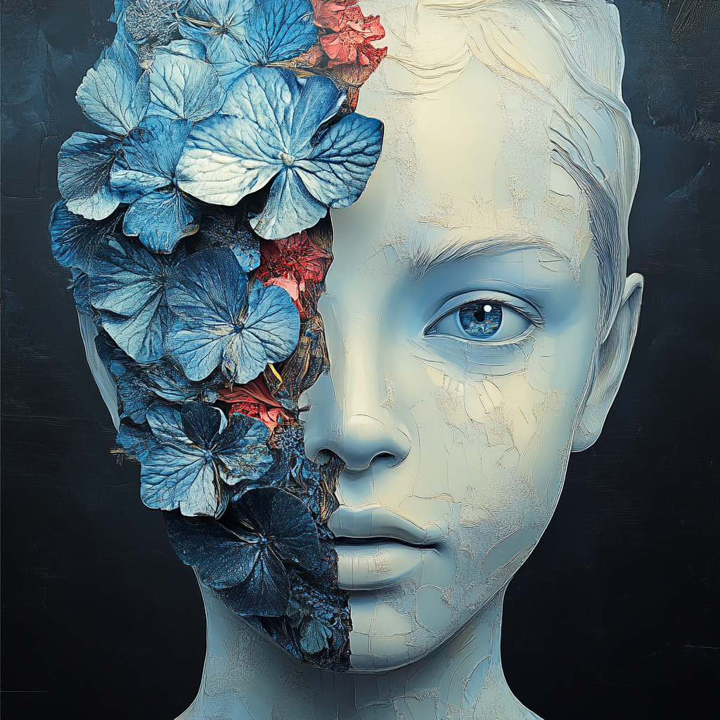 porträt einer frau mit blauen blüten und marmorartiger haut
