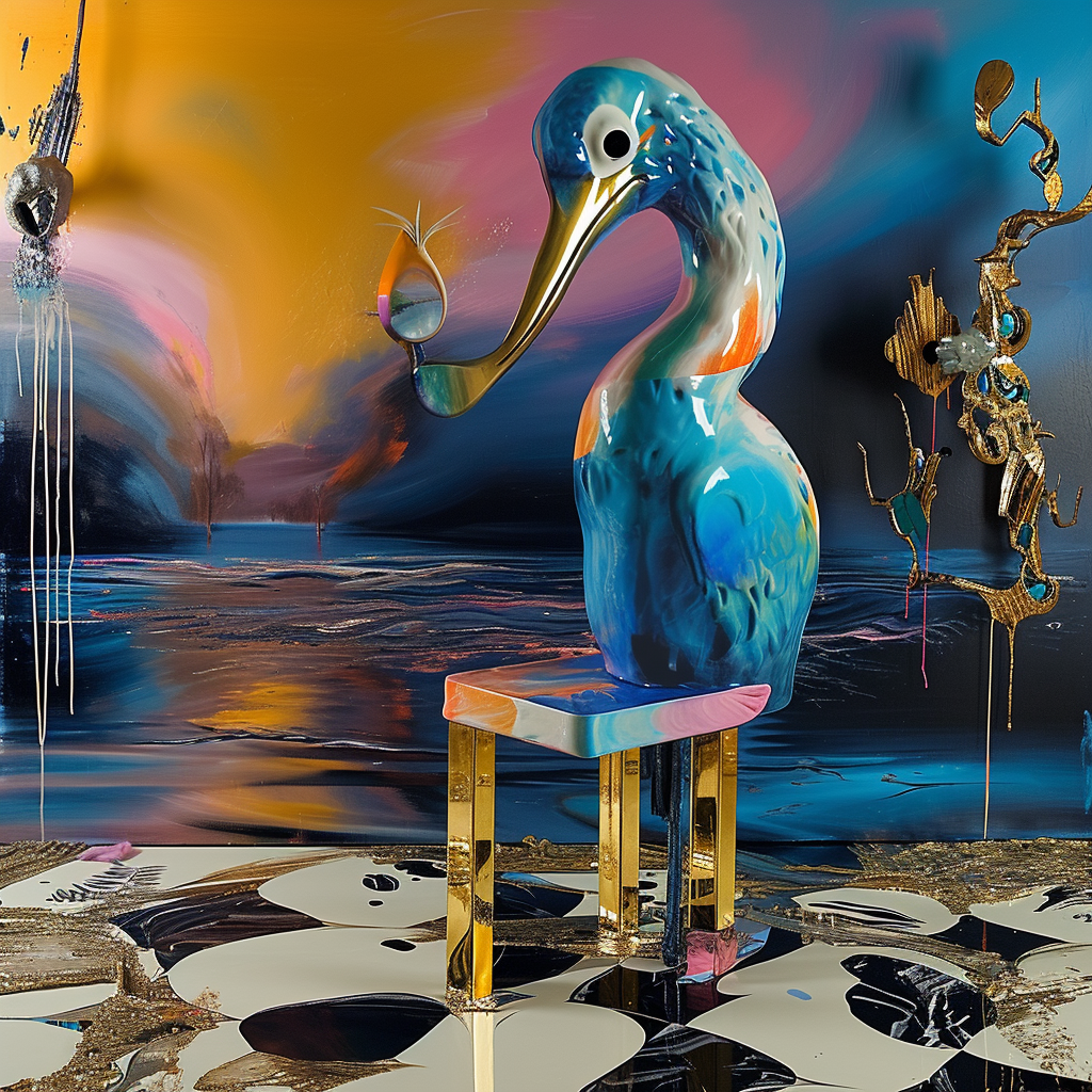 Surreale Skulptur eines blauen Vogels auf goldenem Stuhl vor farbintensivem Hintergrund aus Blau, Orange und Schwarz.
