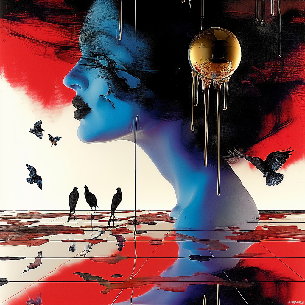 Porträt einer blauen Frau mit goldener Kugel und schwarzen Vögeln in surrealer Komposition
