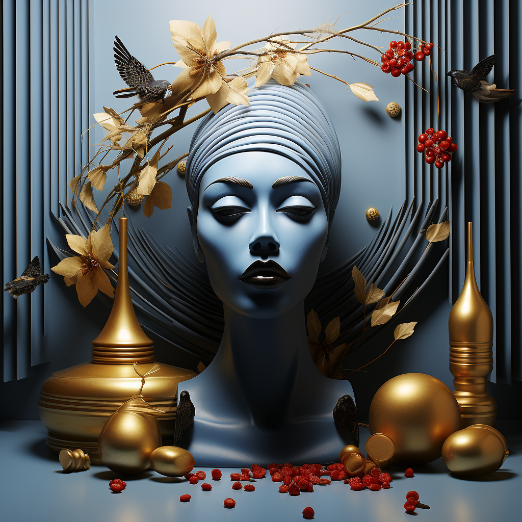 Porträt einer blauen Frau mit goldenen Ornamenten, Blumen und Vögeln
