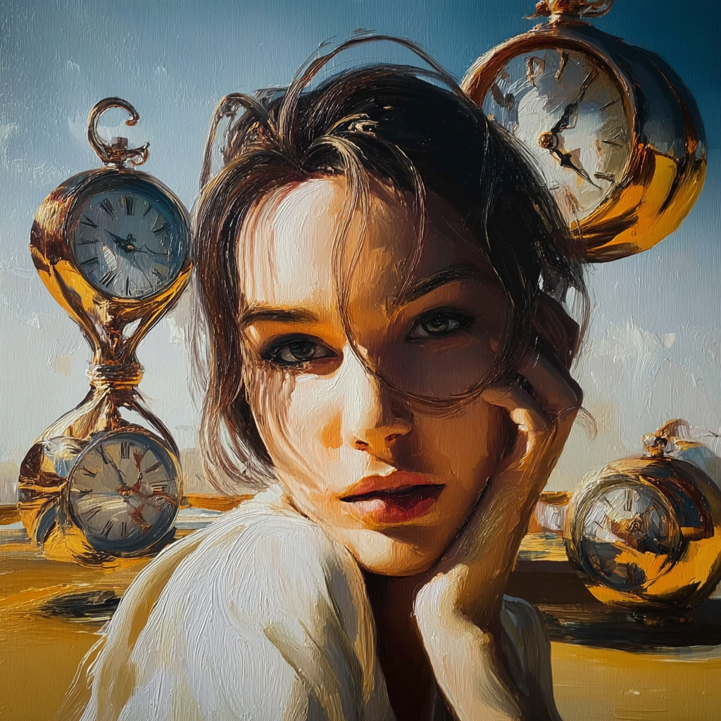 stillleben mit blauen vasen goldenen akzenten und weiblichem gesicht im hintergrund
