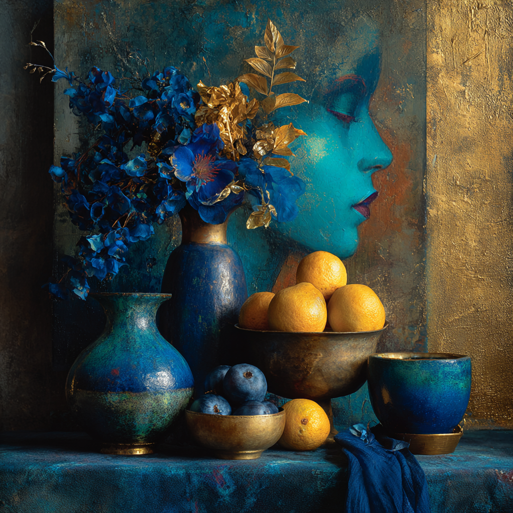 stillleben mit blauen vasen goldenen akzenten und weiblichem gesicht im hintergrund
