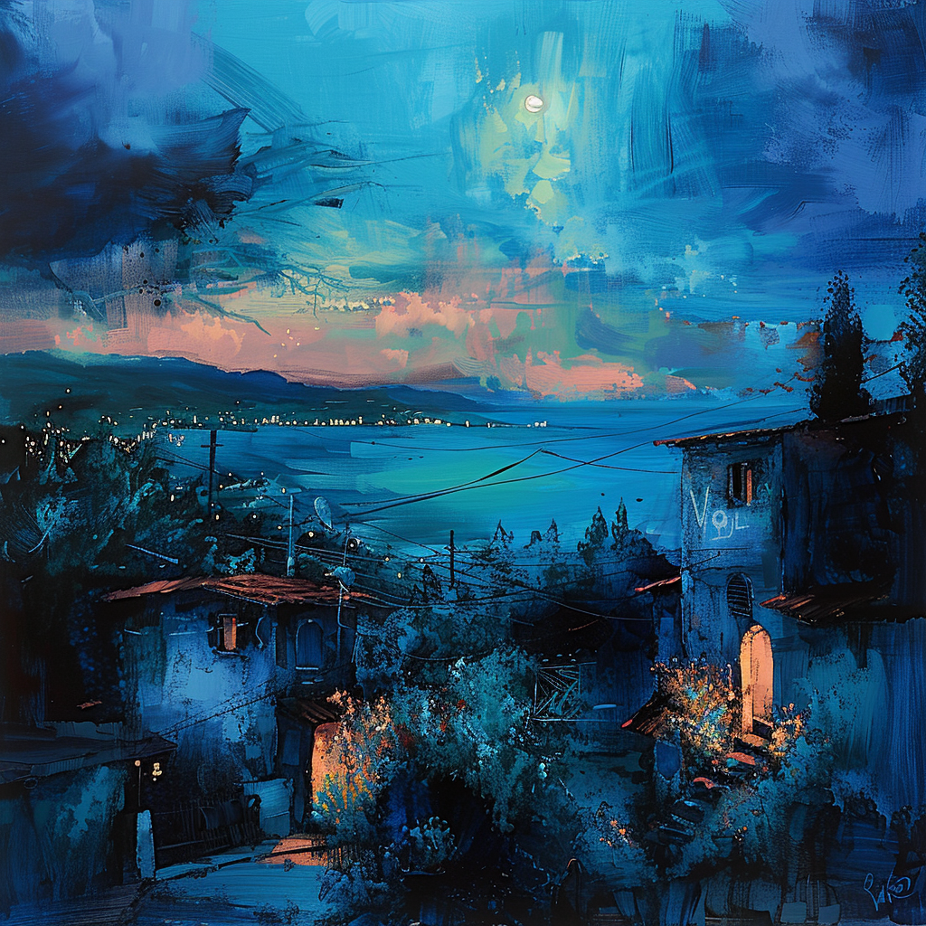 dorf am meer bei nacht mit blauem himmel und mondschein
