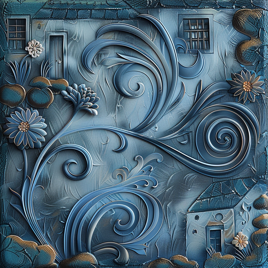 Reliefartige digitale Komposition in Blautönen mit floralen Ornamenten, Spiralen und Häusern. Die geschwungenen Linien wirken plastisch und meditativ – eine Mischung aus Naturmotiv und architektonischem Muster.
