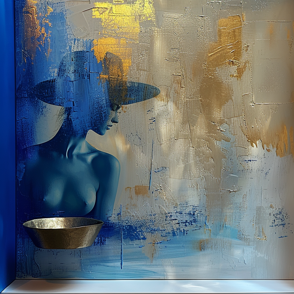 Abstrakte Darstellung einer blauen, weiblichen Figur mit Hut, umgeben von goldenen und silbernen Farbakzenten auf strukturierter Leinwand.
