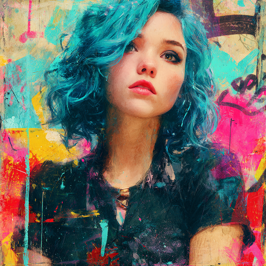 Porträt einer jungen Frau mit leuchtend blauen Haaren vor einer bunten, graffitiartigen Wand – intensive Farben zwischen Street-Art und Ölmalerei.
