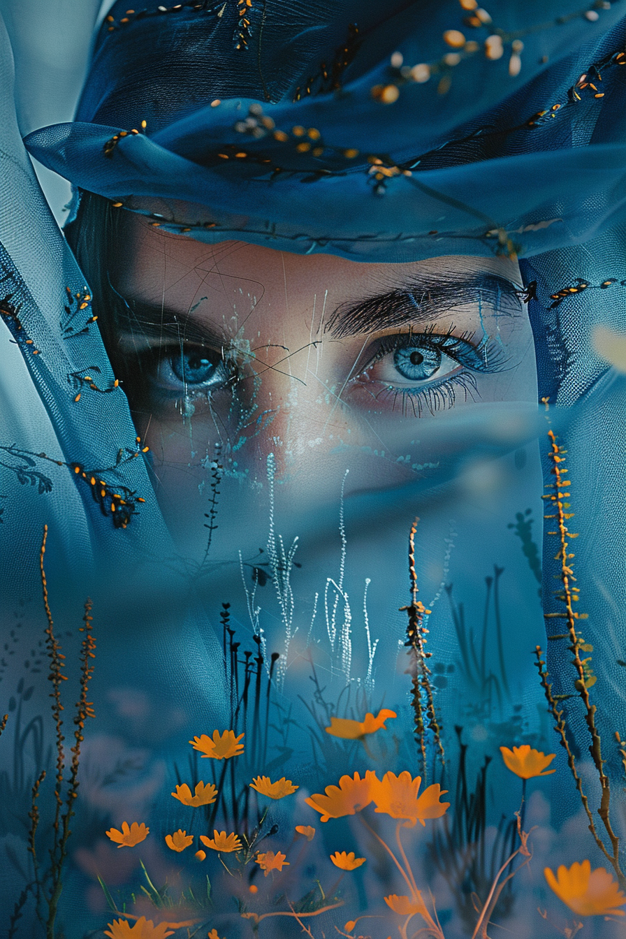 Porträt einer Frau mit intensiven blauen Augen, teilweise von einem transparenten Schleier bedeckt, umgeben von feinen Pflanzen und goldenen Blüten – eine poetische Fusion aus Blick, Farbe und Natur.
