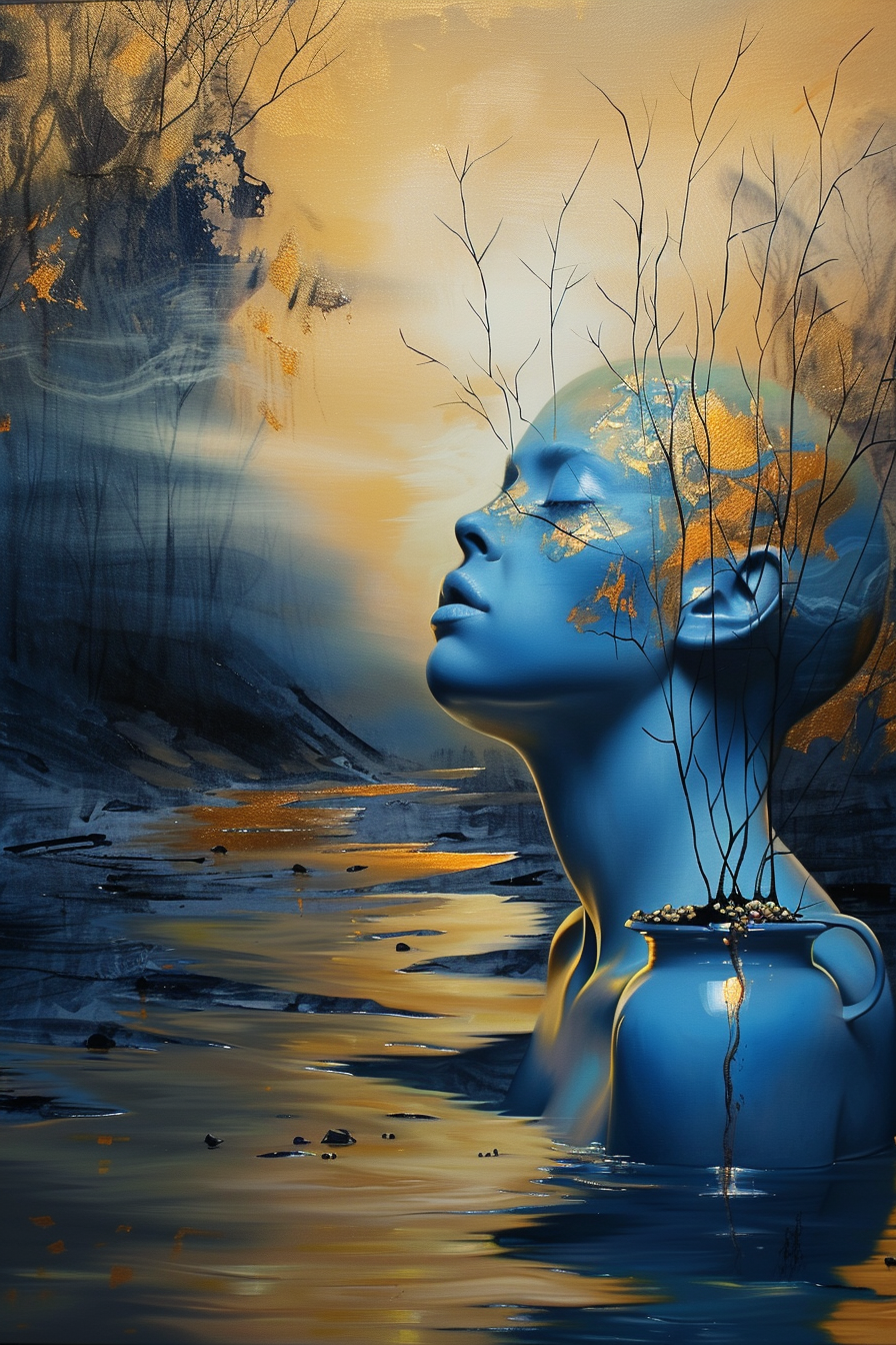 Surreales Porträt einer blauen Frau mit Zweigen am Kopf in einer goldenen Flusslandschaft

