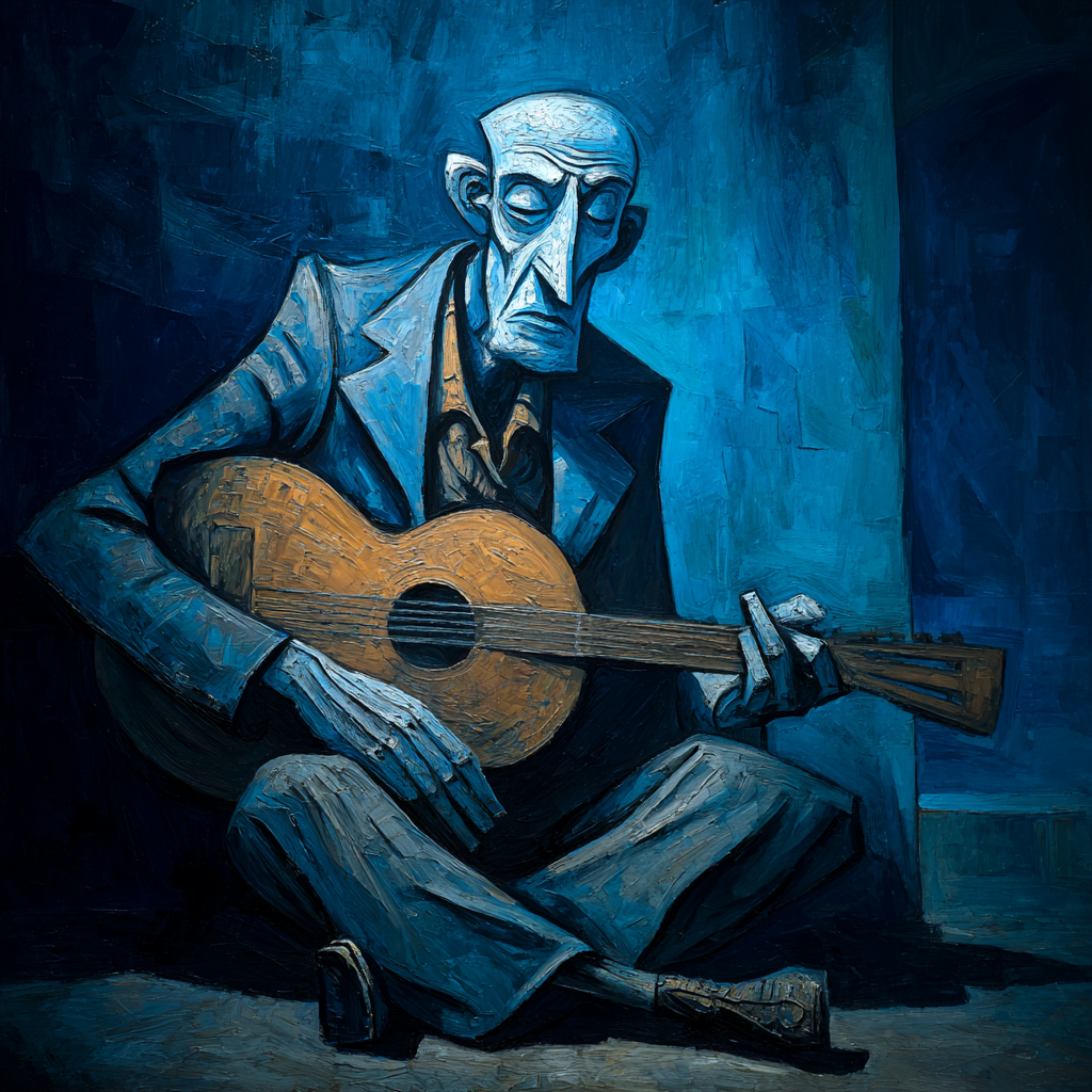 Ein älterer Mann in blauen Tönen sitzt mit einer Gitarre in den Händen, gemalt in expressionistischem Stil mit starker Textur und melancholischer Stimmung.

