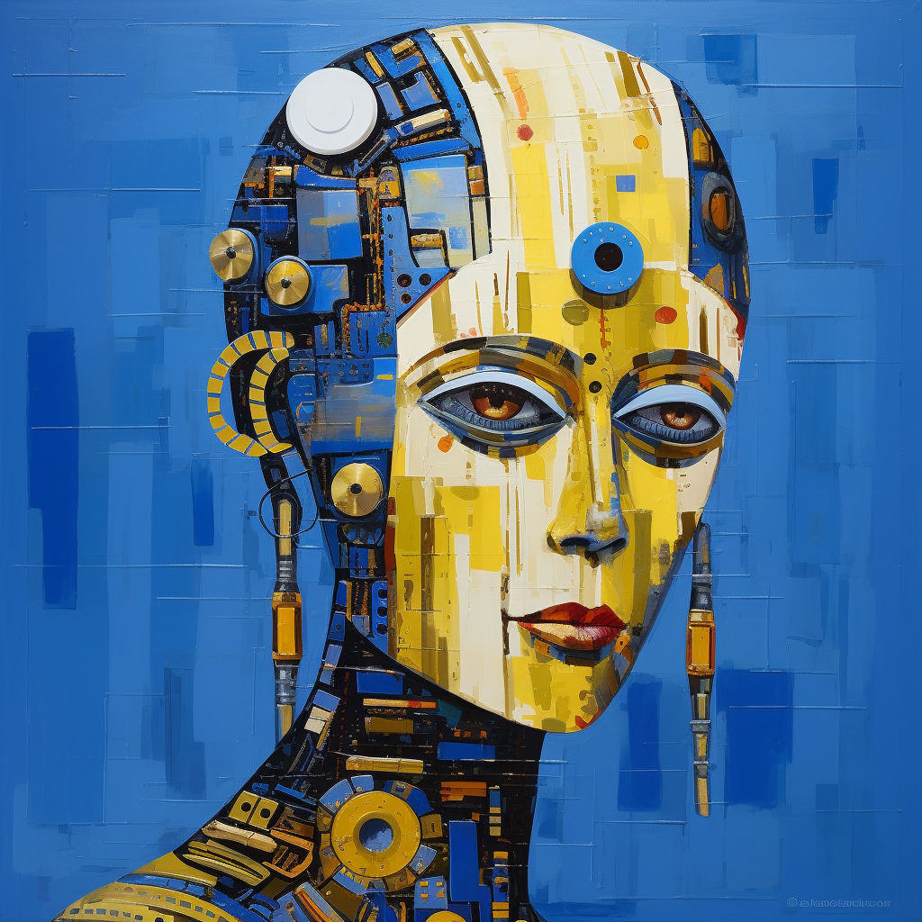 futuristisches porträt mit gelb-blauer technischer struktur und menschlichem gesicht
