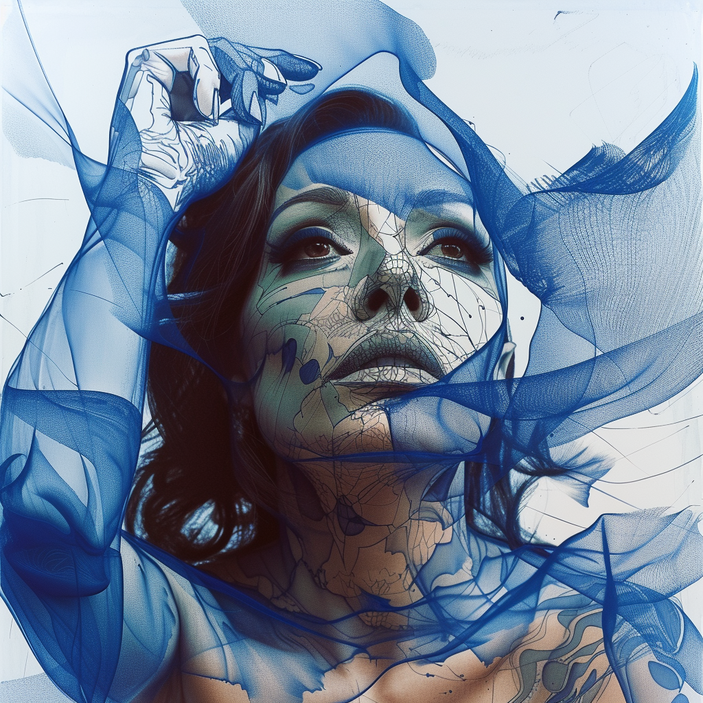 abstraktes portraet einer frau mit blauen transparenten stoffen und zarten linien
