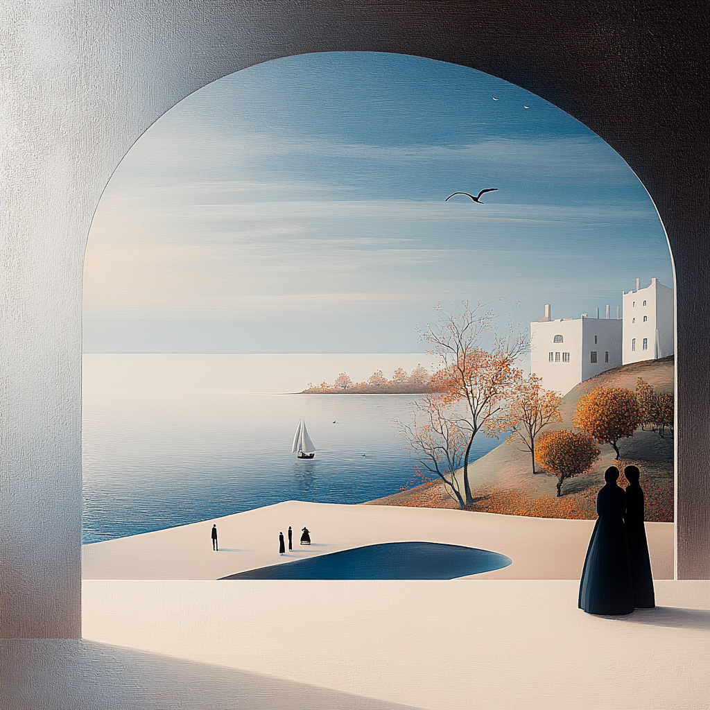 Minimalistische Meereslandschaft mit Figuren, die durch einen großen Torbogen auf das ruhige Wasser, ein Segelboot und eine helle Villa auf einem Hügel blicken.
