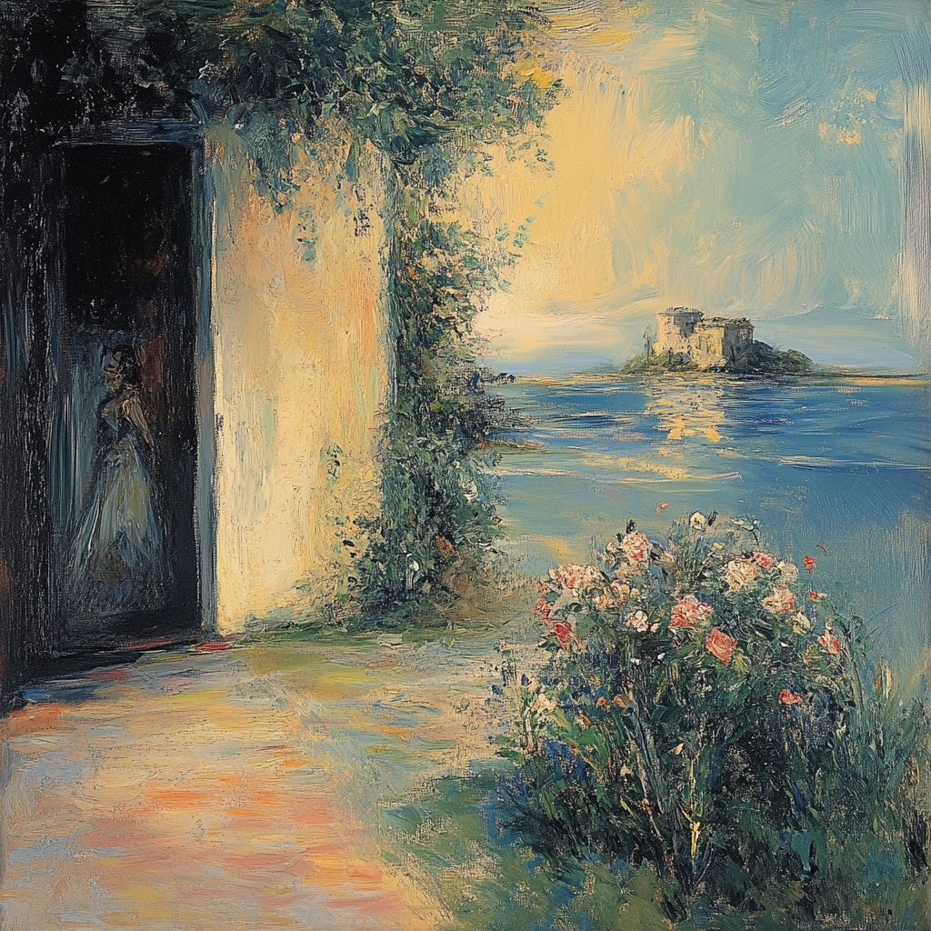 Romantische Meereslandschaft mit Blumen, einer Tür und einem Schloss im Hintergrund
