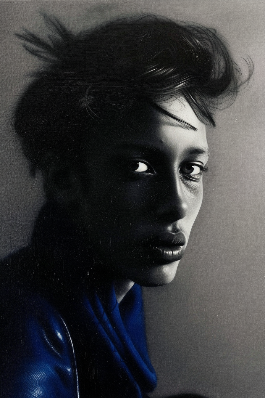 Porträt einer Person im Halbdunkel mit intensivem Blick – monochrome Digitalkunst mit blauer Nuance.
