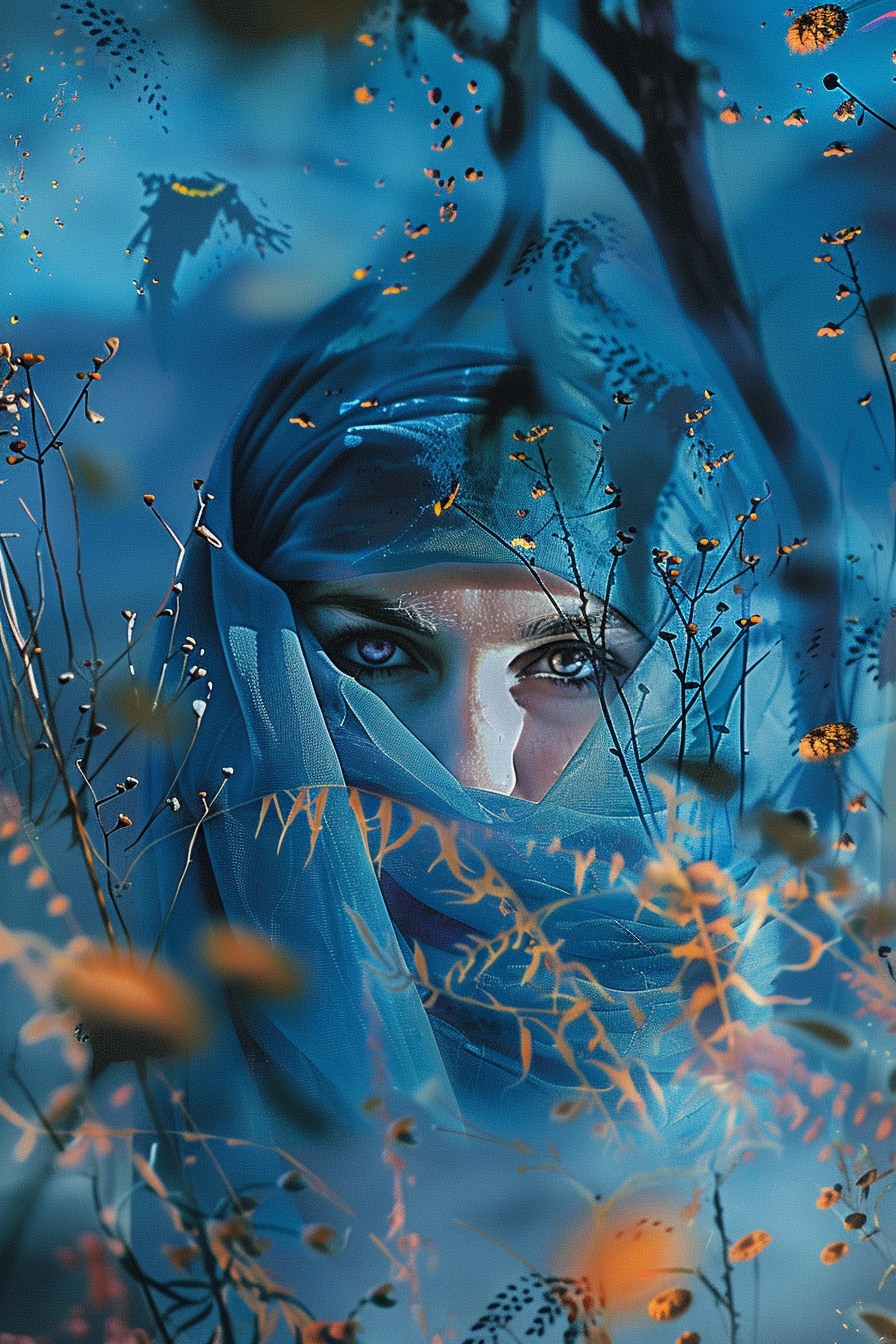 Porträt einer verschleierten Person mit intensiven Augen, umgeben von blauen und goldenen Pflanzen – geheimnisvolle, poetische Szene voller Symbolik.
