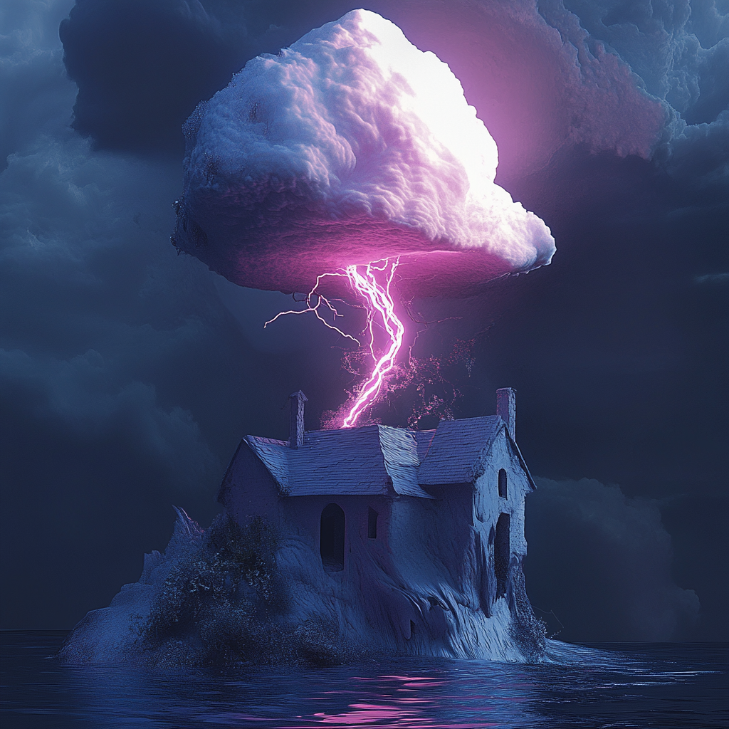 Ein altes Haus auf einer kleinen Insel, von einer dunklen Wolke überragt, aus der ein violetter Blitz herabfährt – surreales Nachtmotiv voller Energie und Symbolkraft.
