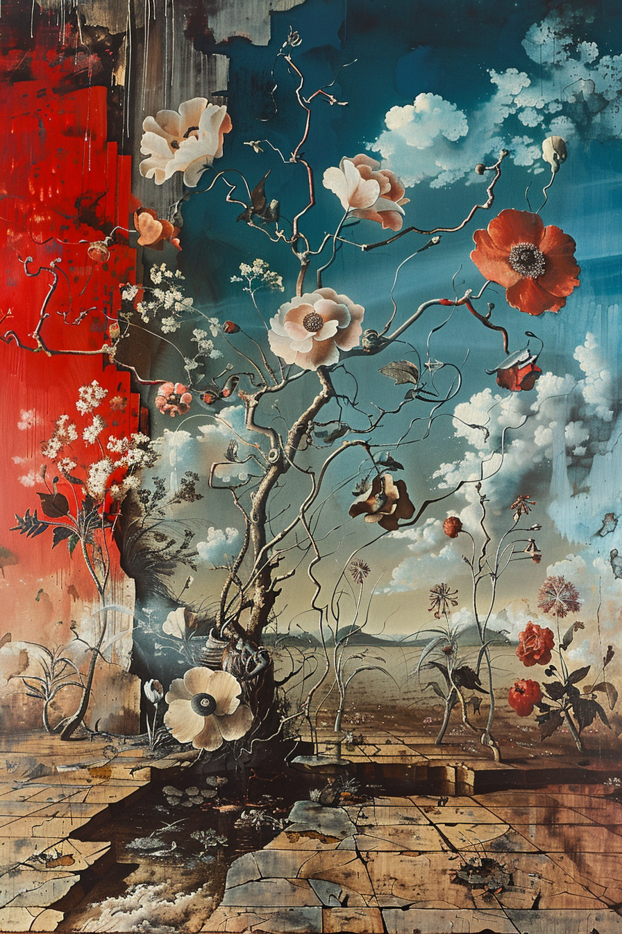 Modernes surrealistisches Gemälde eines blühenden Baumes mit großen, leuchtenden Blumen vor einem kontrastreichen Himmel in Rot-, Blau- und Beigetönen.
