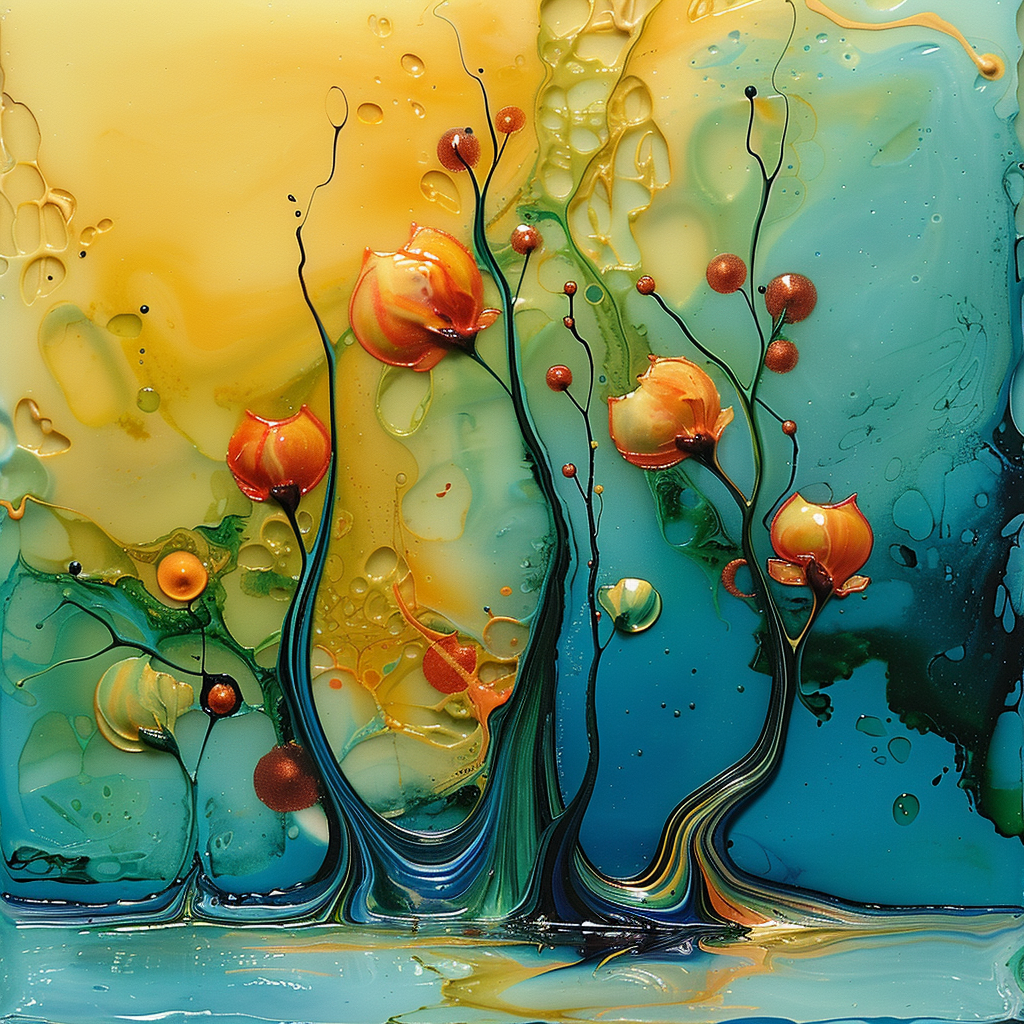 Abstrakte Darstellung blühender Pflanzen in Gelb, Türkis und Orange – fließende Farben in organischen Formen.
