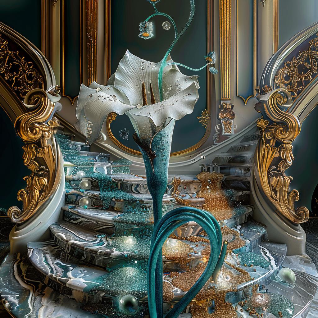 Opulente Blütenskulptur auf marmorner Treppe mit goldenen Ornamenten. Verbindung aus Natur, Eleganz und Pracht.
