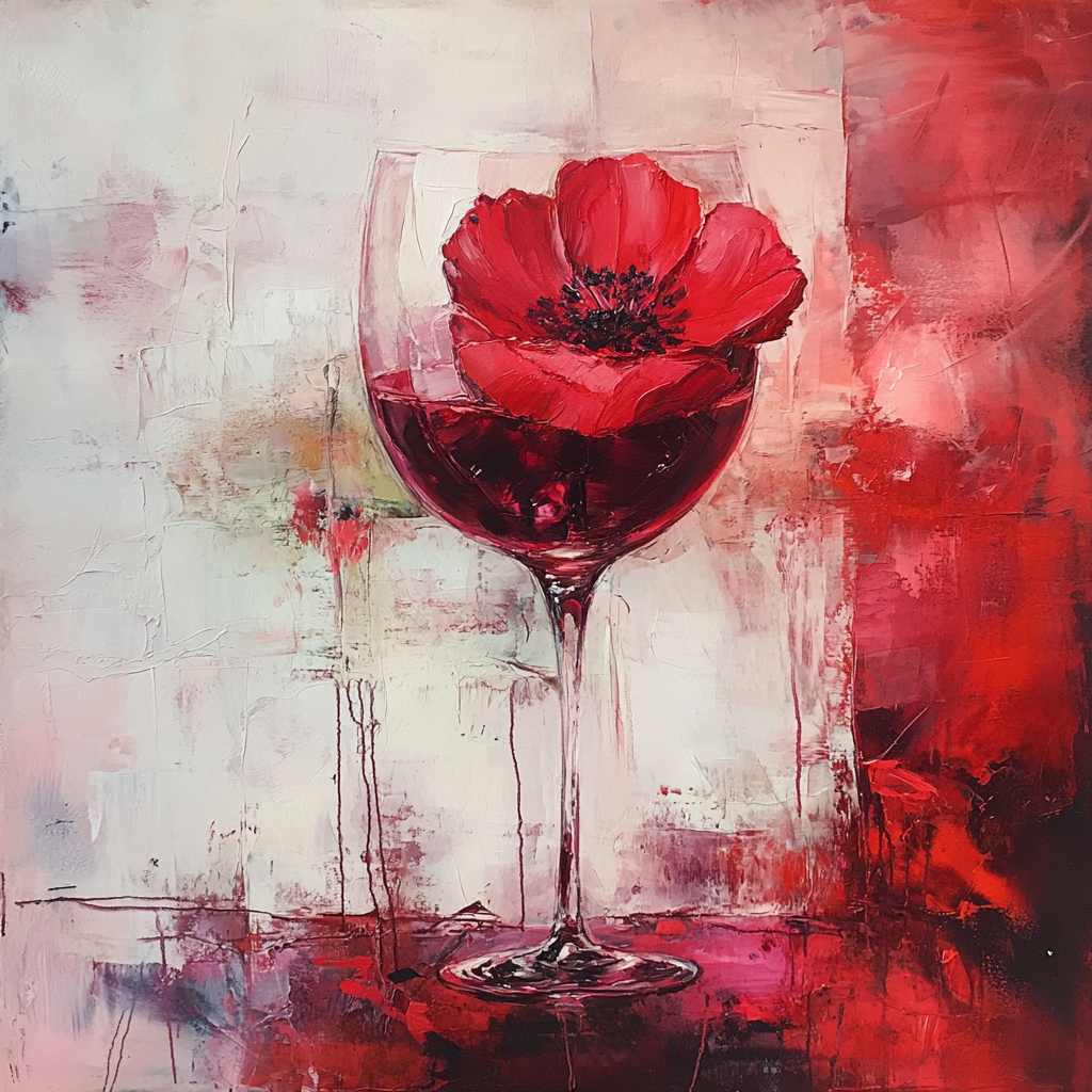 rotes weinglas mit blüte in rot auf hellem hintergrund
