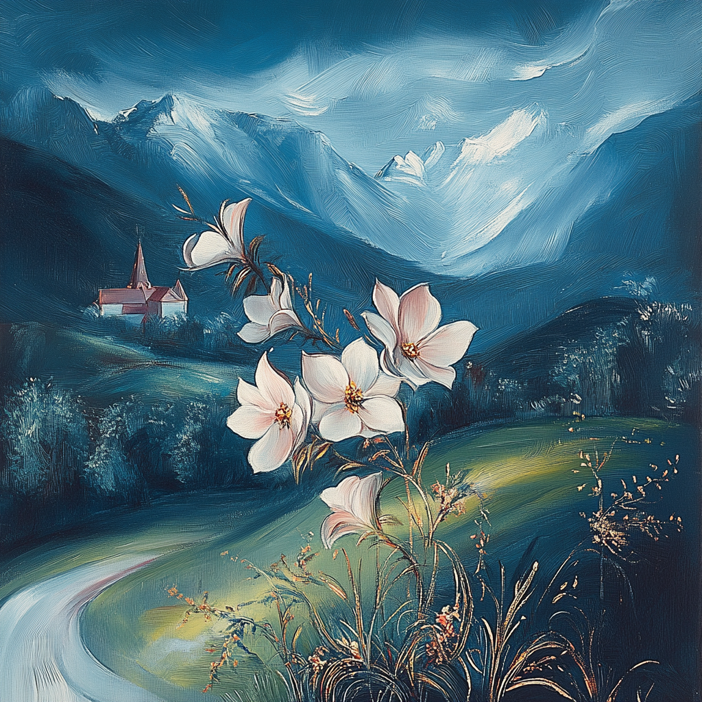 weiße blüten vor alpenlandschaft mit kirche und schneebedeckten bergen
