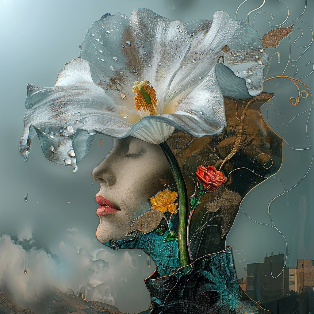 Surreales Porträt einer Frau, deren Kopf in einer weißen Blüte aufgeht – zarte Tropfen, florale Details und Traumstimmung zwischen Mensch und Natur.
