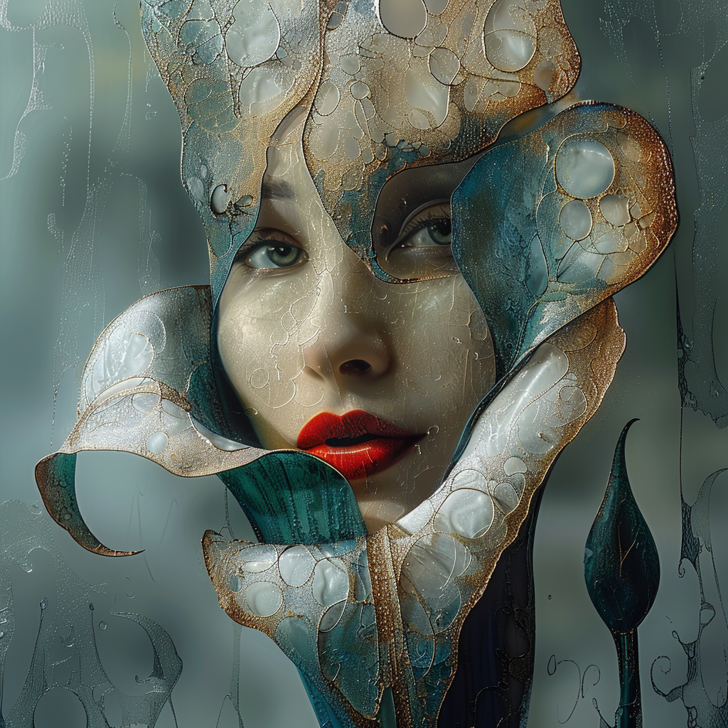 Porträt einer Frau, deren Gesicht mit blütenartigen Strukturen verschmilzt – surreale Symbiose aus Mensch, Natur und Eleganz.
