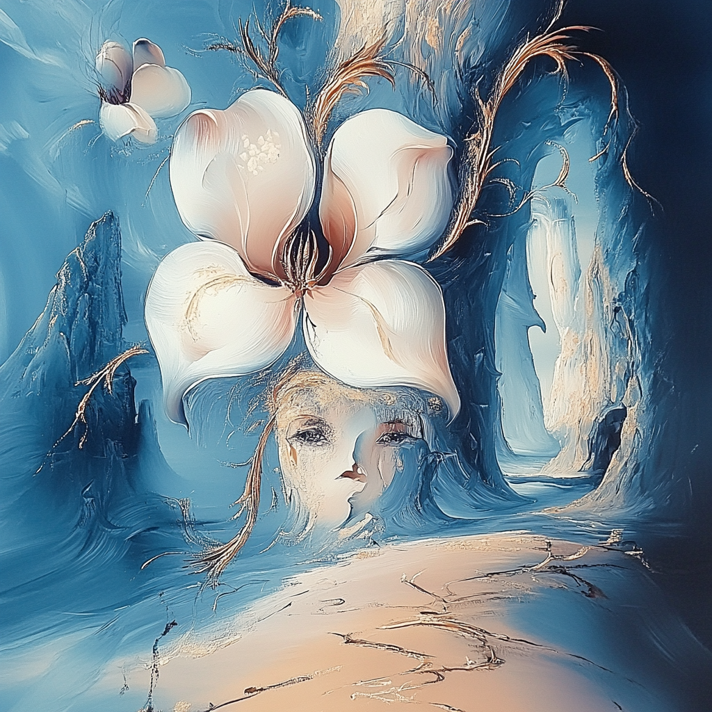 surrealistisches gesicht mit weißen blüten in blauer traumlandschaft
