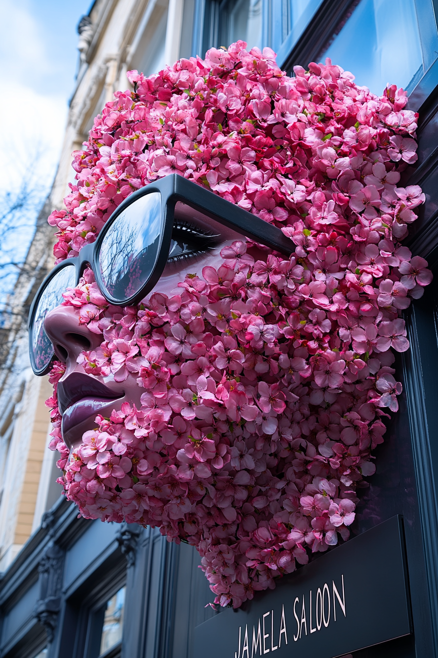 Skulptur eines Gesichts, vollständig mit pinken Blüten bedeckt, mit Sonnenbrille an einer Gebäudefassade – surreal und urban zugleich.
