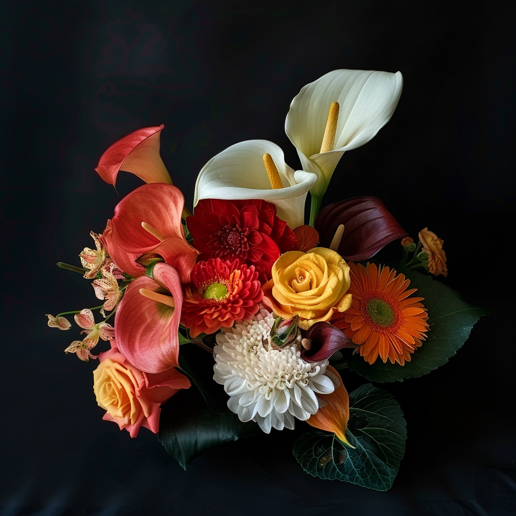 arrangement aus calla, rose, gerbera und dahlie auf dunklem hintergrund
