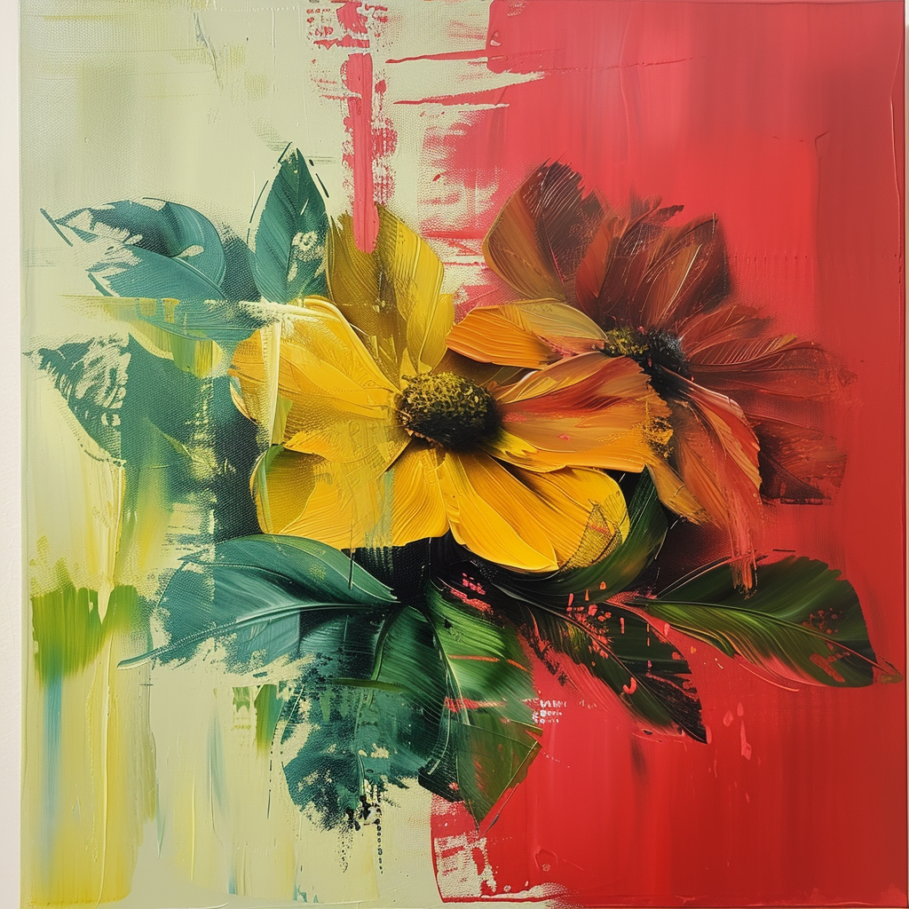 Gelbe und rote Blumen mit grünen Blättern vor rot-cremefarbenem Hintergrund – abstrakte, lebendige Malerei.

