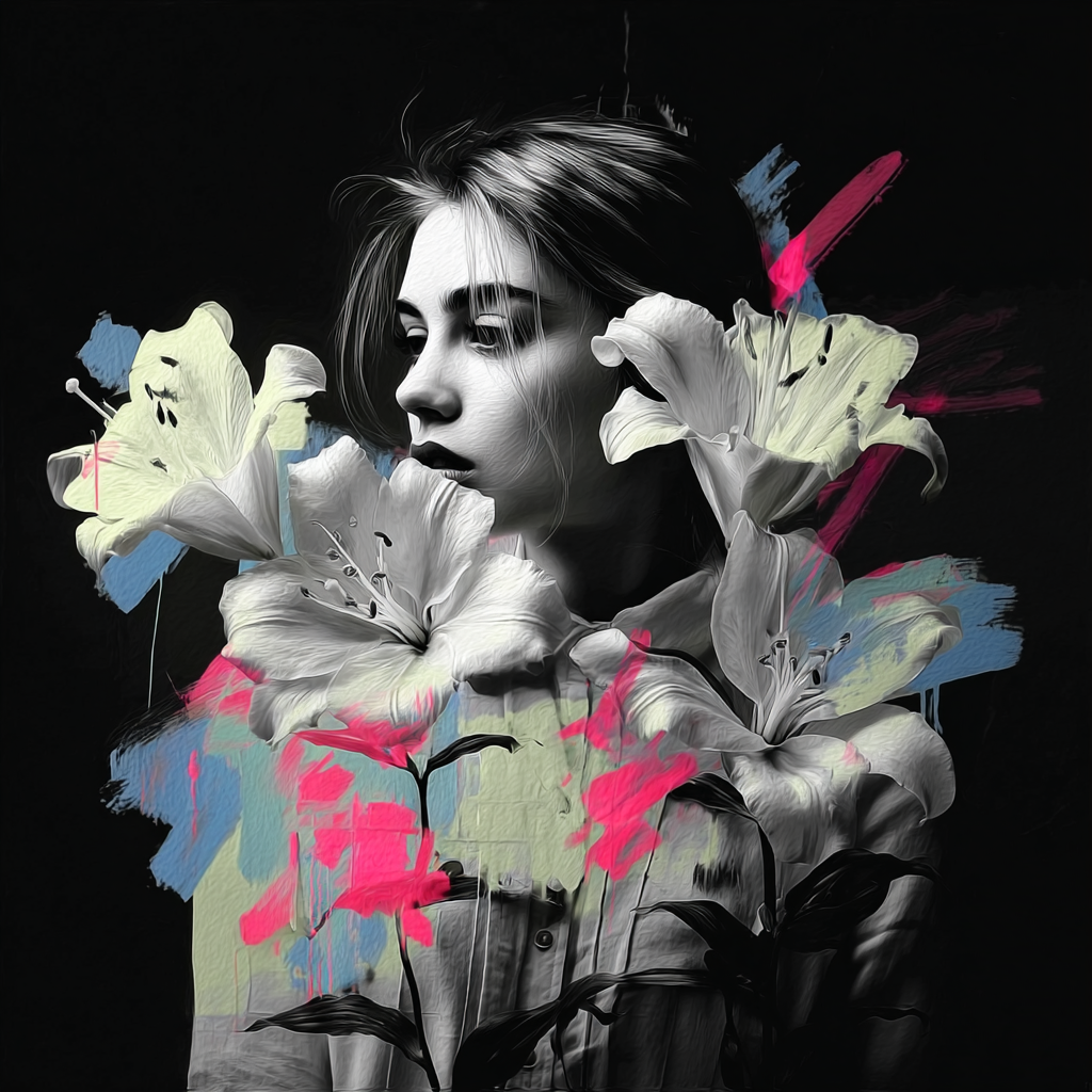 Porträt einer jungen Frau in Schwarz-Weiß mit großen weißen Blumen im Vordergrund und farbigen Pinselakzenten in Blau, Pink und Grün – ein stilles, poetisches Bild.
