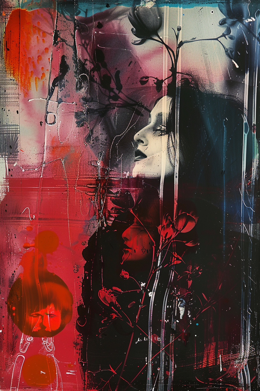 Abstraktes Porträt einer Frau in Rot- und Schwarztönen, durchzogen von floralen Linien und symbolischer Dunkelheit – eine Mischung aus Schönheit, Schmerz und Tiefe.
