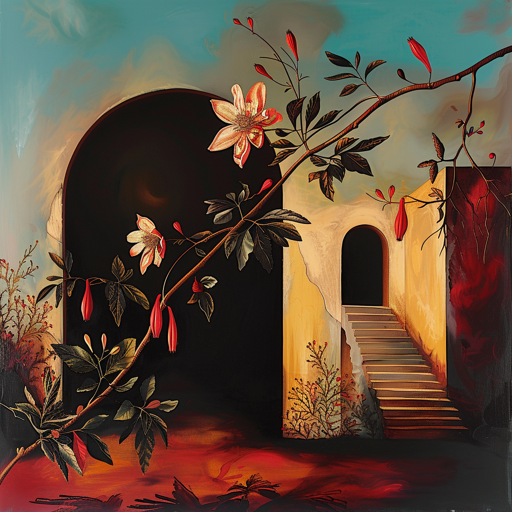 Ein surrealistisches Gemälde mit einer blühenden Pflanze im Vordergrund, die sich über eine Treppe und einen dunklen Torbogen rankt.
