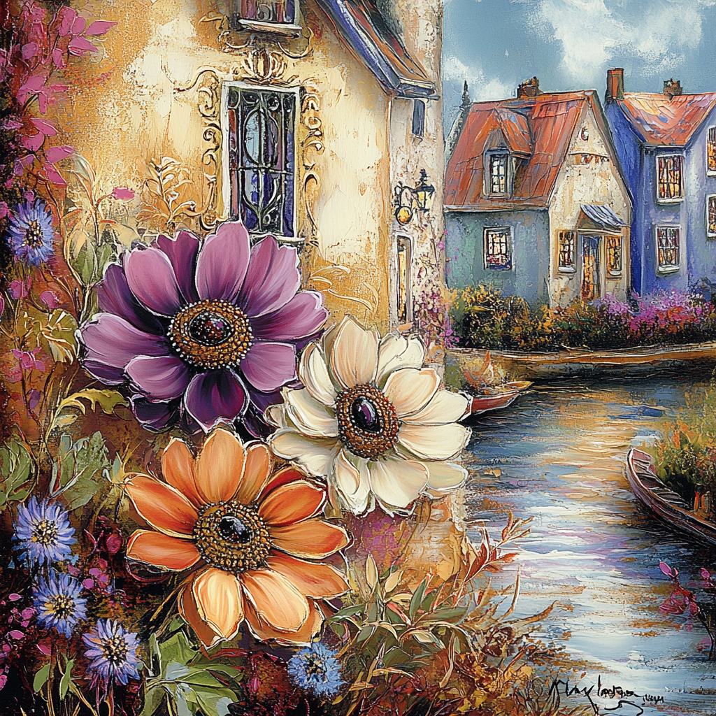 Farbenfrohes Gemälde mit großen Blüten vor einem Haus an einem Fluss in einem malerischen Dorf
