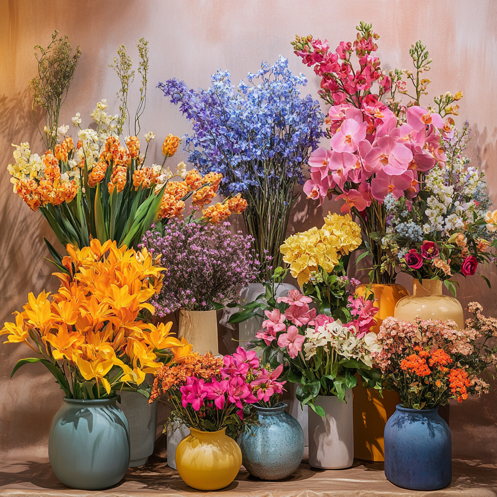 Buntes Blumenarrangement mit Orchideen, Lilien, Rosen und anderen Blüten in verschiedenfarbigen Vasen
