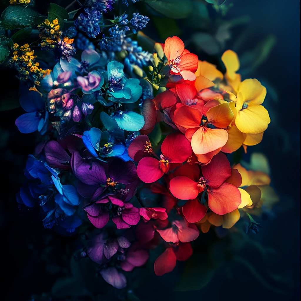 Blumen in kräftigen Farben von Blau über Rot bis Gelb, kunstvoll im Farbverlauf des Lichts arrangiert
