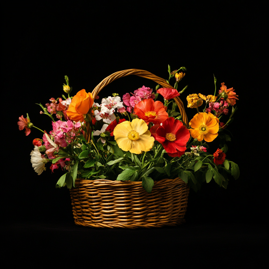 Blumenkorb mit bunten Wiesenblumen in Rot, Gelb, Orange und Rosa auf schwarzem Hintergrund
