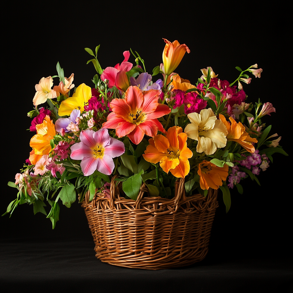 Farbenfroher Blumenkorb mit Frühlingsblumen vor dunklem Hintergrund
