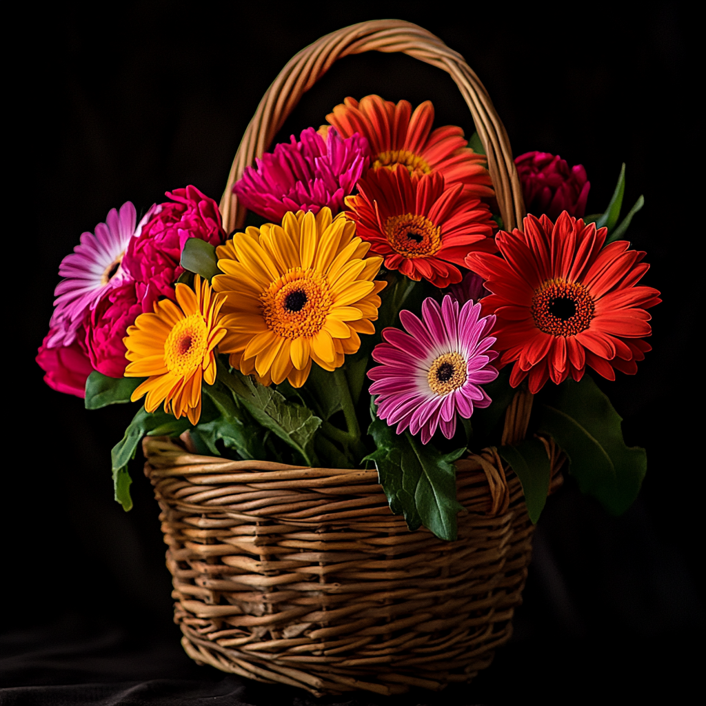 Blumenkorb mit bunten Gerbera-Blüten in Rot, Orange, Gelb, Pink und Violett auf dunklem Hintergrund
