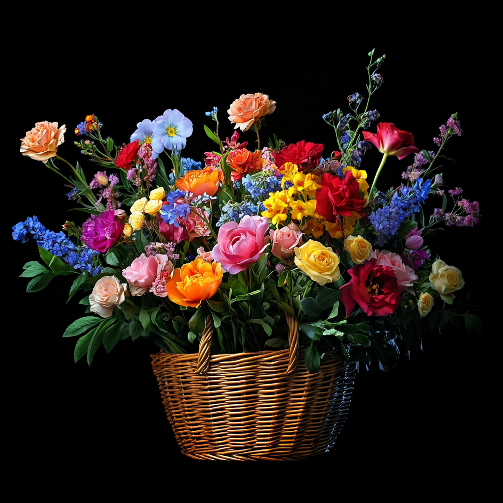 Farbenfroher Blumenkorb mit Rosen, Wiesenblumen und grünen Blättern auf schwarzem Hintergrund
