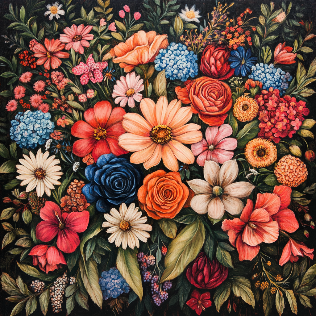 Ein farbenprächtiges Arrangement aus verschiedenen Blumen in Rot-, Orange-, Blau- und Cremetönen vor dunklem Hintergrund
